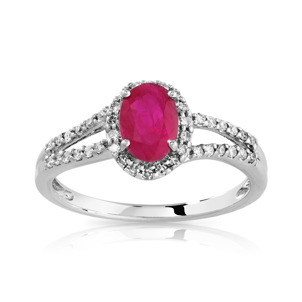 Bague or 750 blanc rubis ovale et diamants