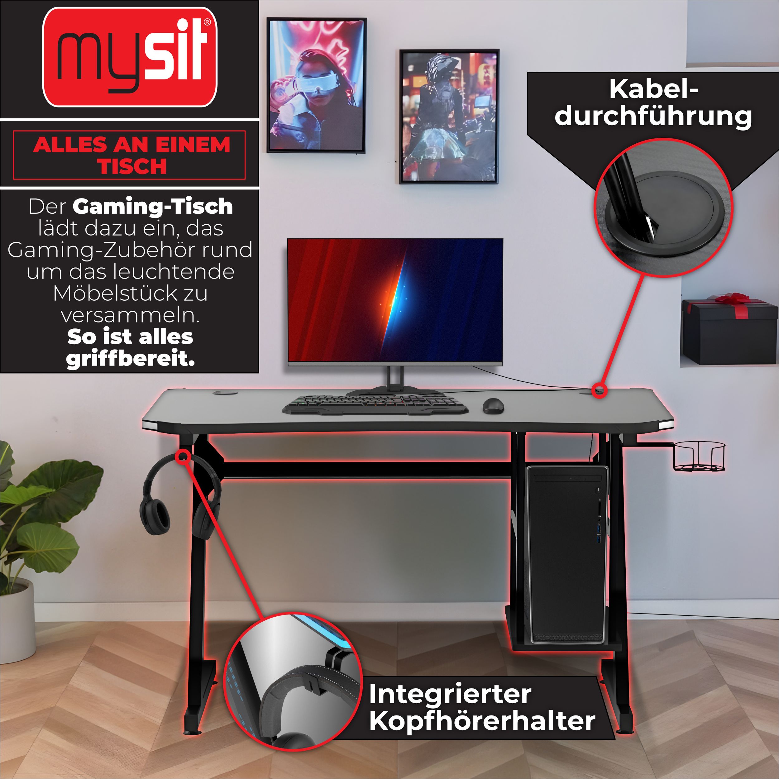 MY SIT Gaming Tisch Gizmo mit LED Beleuchtung