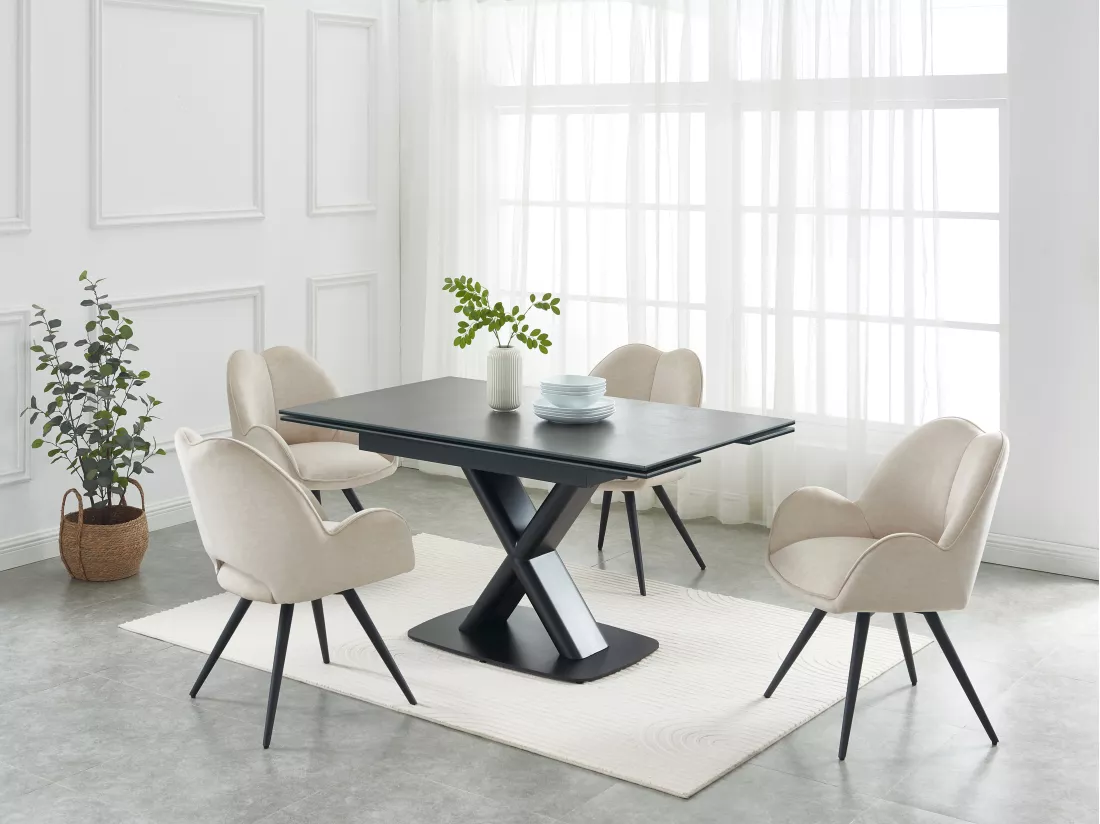 Table à manger extensible 6 à 8 personnes en céramique, verre trempé et métal - Anthracite et Noir - MIAZELO de Maison Céphy