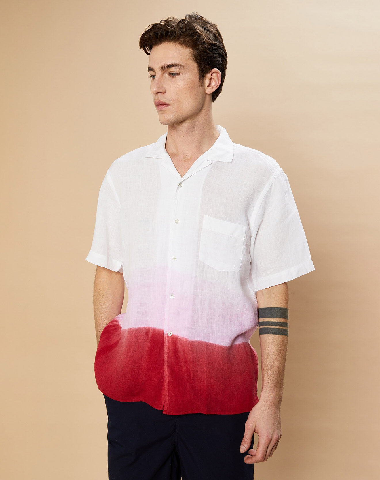 Hartford Chemise Regular 100% Lin Palm tie and dye blanc/baby rose/brique