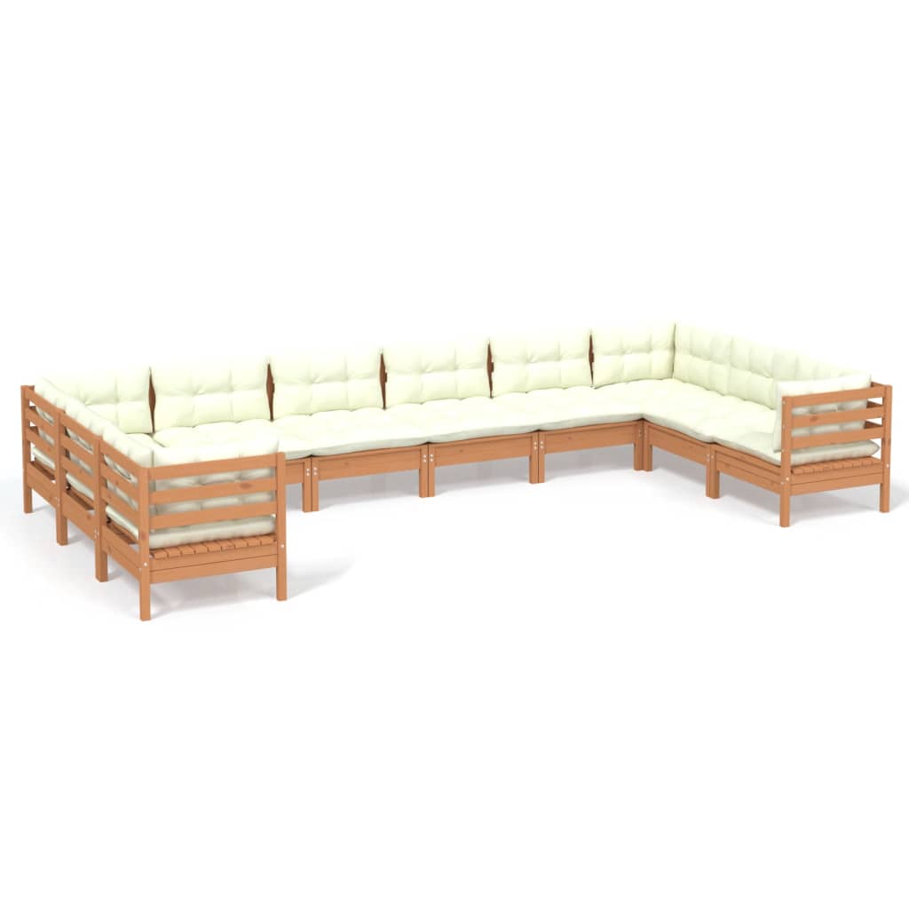 Salon de jardin meuble d'extérieur ensemble de mobilier 10 pièces avec coussins marron miel bois de pin
