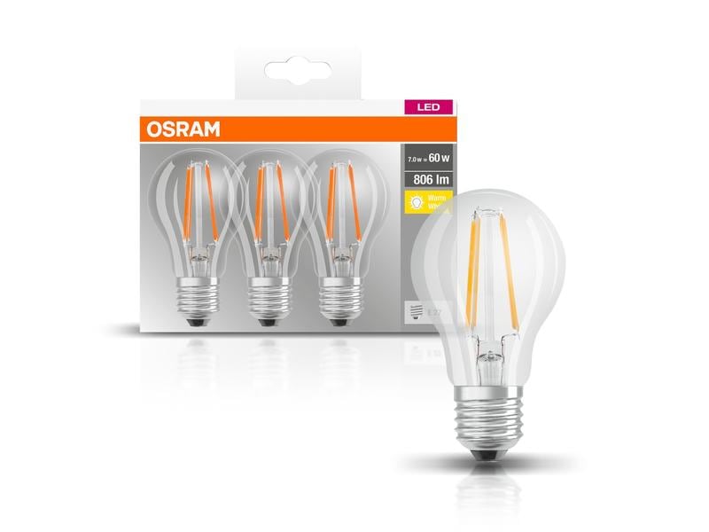 OSRAM Lampe Base Filament 7W, E27 Warmweiss, 3er Box Filamentleuchtmittel