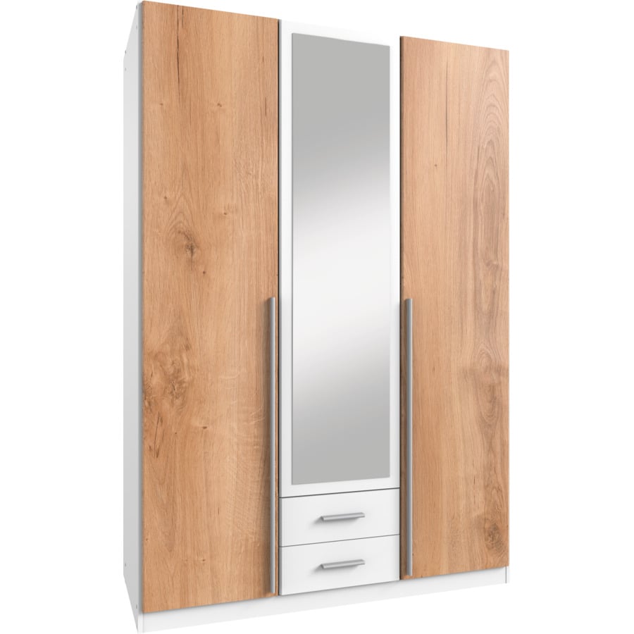 Drehtürenschrank Kuga, Dekor weiss/Plankeneiche, 179 x 197 x 58 cm, mit Spiegel