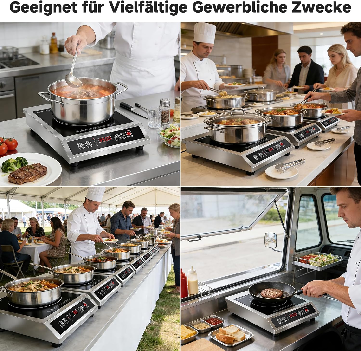 AMZCHEF Gewerbliches Induktionskochfeld 3500W, Tragbares Induktionskochplatte, 21 Leistungs- & 20 Temperaturstufen, Edelstahlgehäuse, 10H-Timer, Geeignet für Professionelle Catering Küche Restaurant