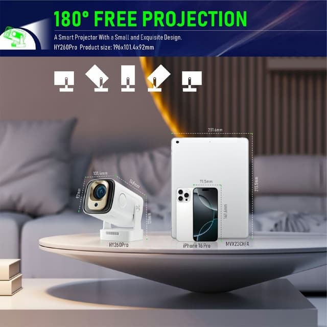 HY260 Pro Projektor 1GB+8GB Android 11.0 WiFi6 BT5.4 Hjemmebiograf 200 ANSI Lumen