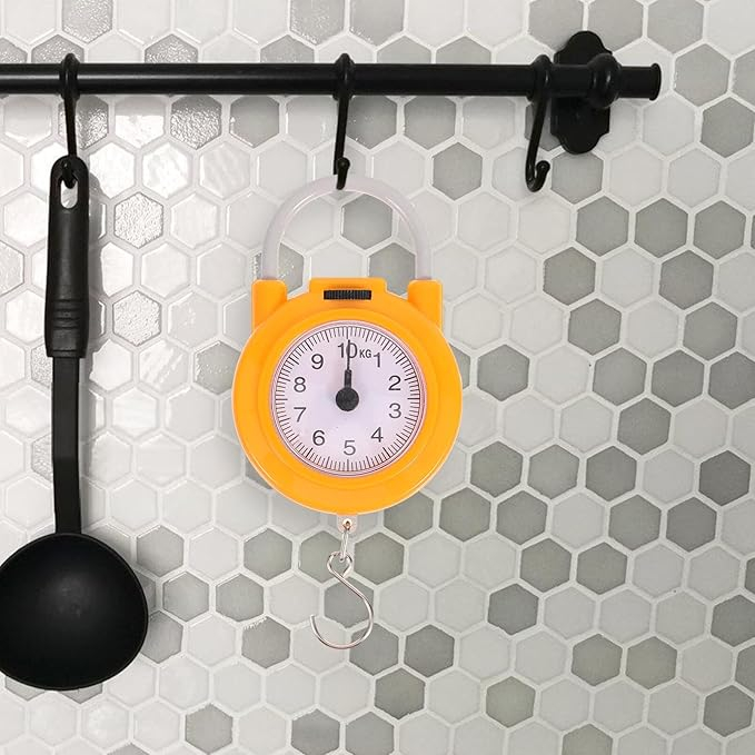 (Ø8cm) Mechanische Zugfederwaage Tragbare Hänge Waage bis 10 kg Gewicht mit Haken für Küche / Shopping / Reisen - Gelb