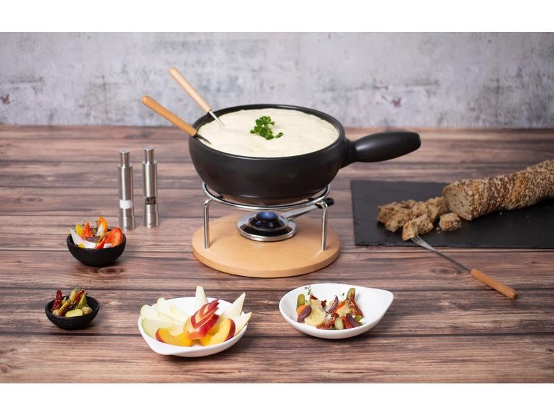 Stöckli Käsefondue-Set Säntis 9 Teile, Hellbraun/Schwarz Käsefonduegarnitur aus feuerfester Qualitätskeramik