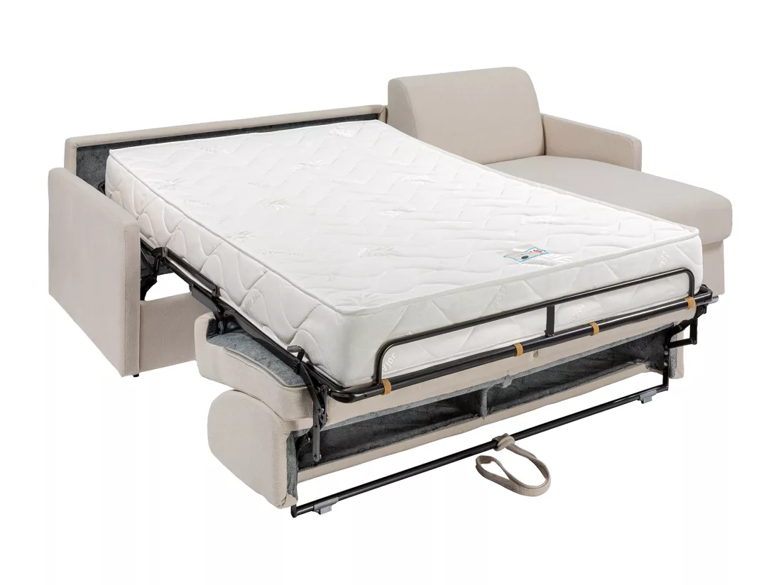 Canapé d'angle convertible express et réversible en tissu beige - Couchage 140 cm à lattes larges - Matelas 22 cm - CALIFE