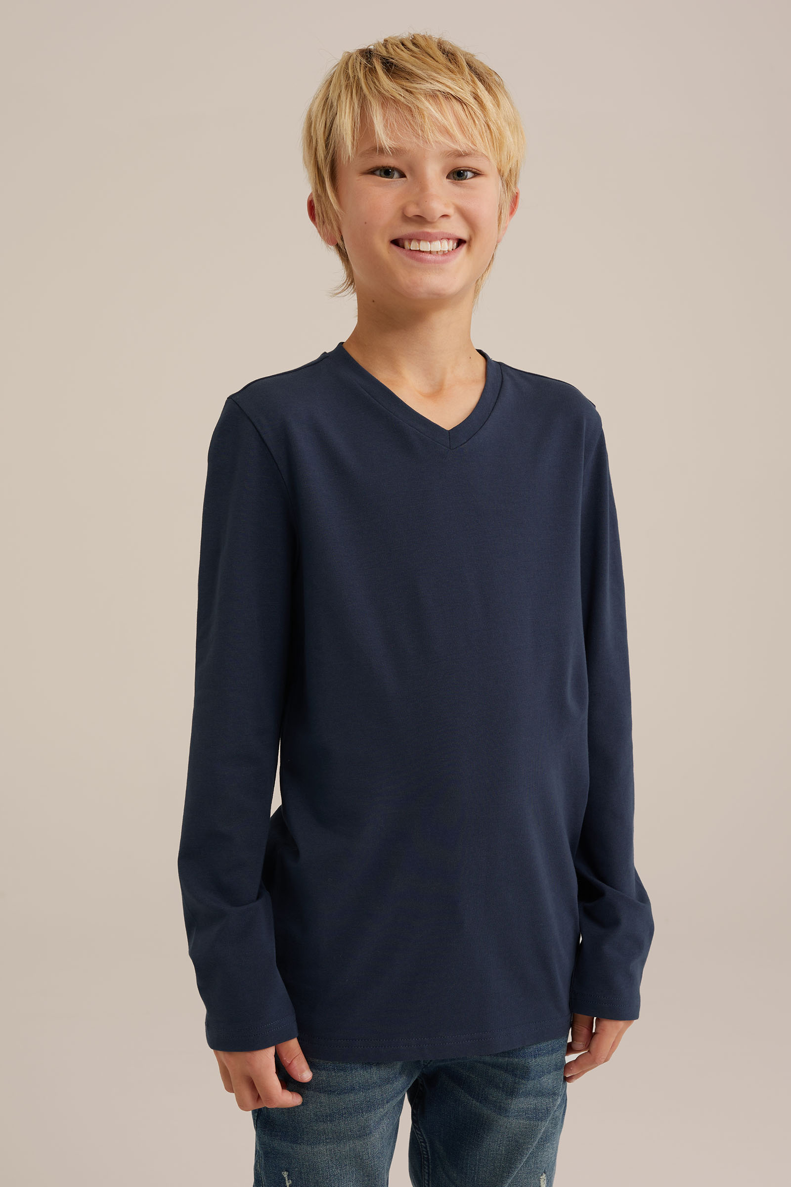 Jongens basic T-shirt met V-hals WE Fashion Donkerblauw
