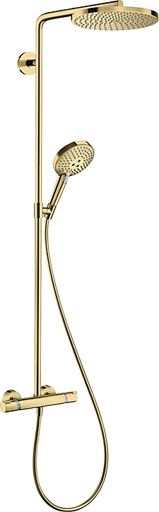 Colonne de douche thermostatique avec pommeau + douchette 1 jet + flexible + barre réglable, doré, Hansgrohe Raindance Select S 240 PowderRain