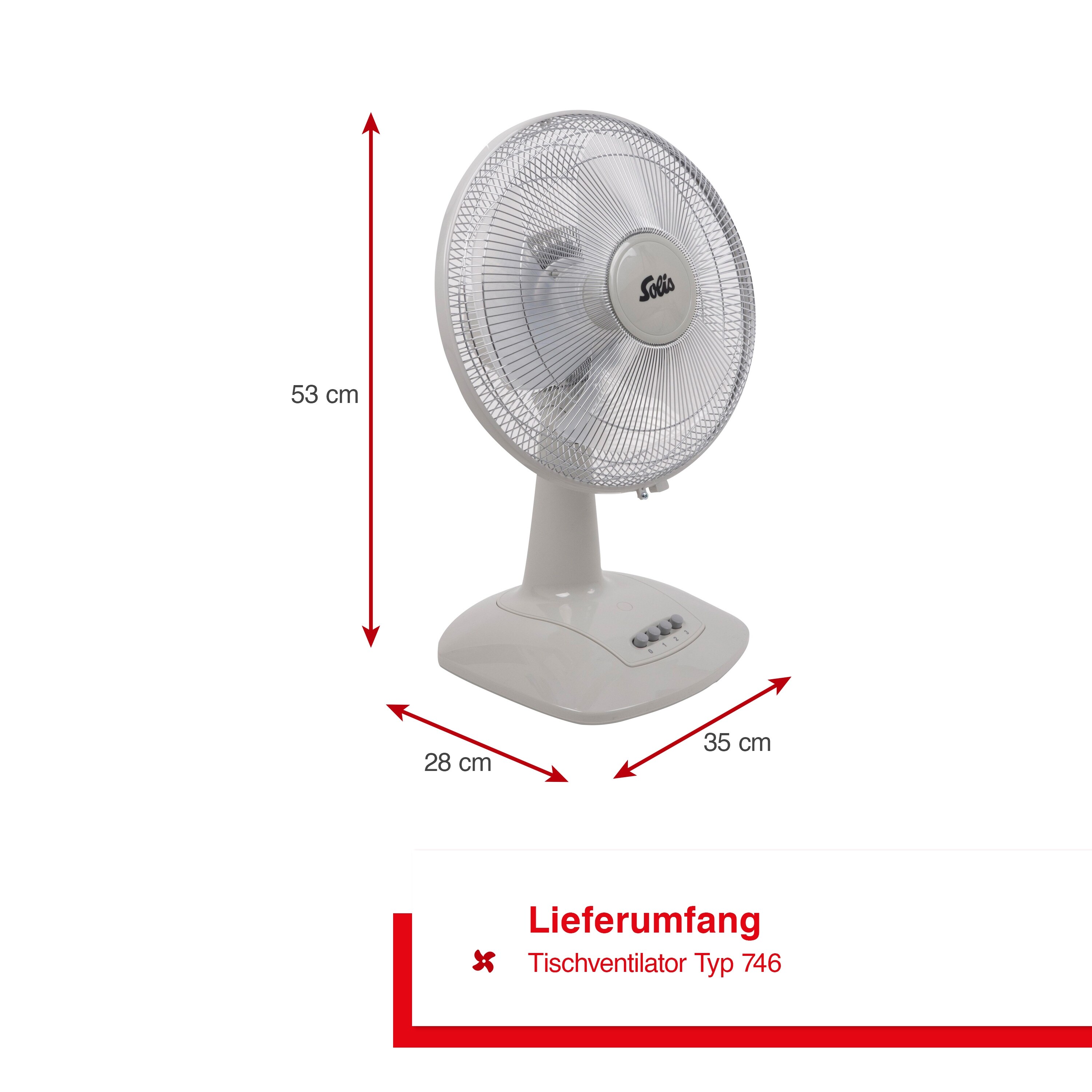 Solis Tischventilator Oszillation, 30 cm Durchmesser, 45 Watt,3 Stufen