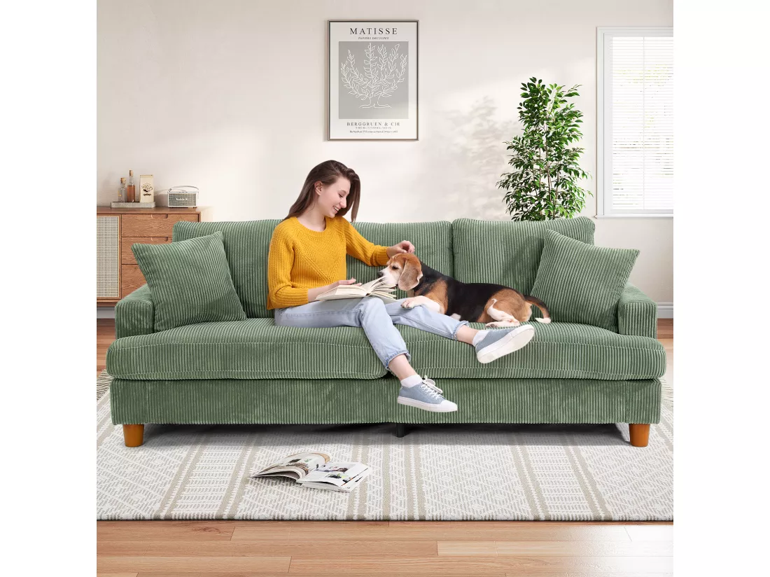 Canapé en Velours Côtelé 3 Places,Grand Canapé Droit Rembourré Moderne avec Sièges extra profonds de 53cm - 2 Coussins - 220x76x84cm - Vert