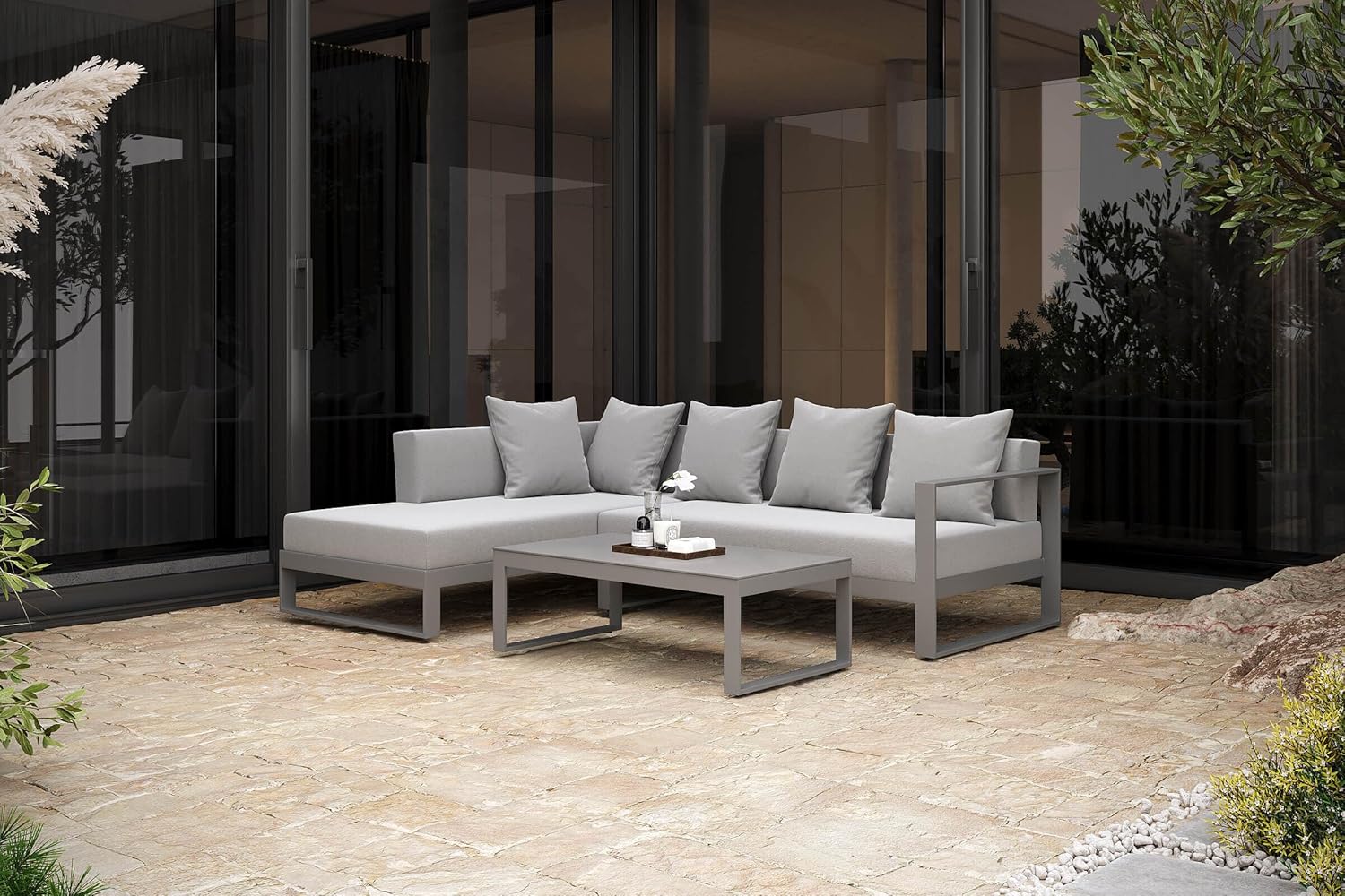 OUTFLEXX Willis Loungemöbel, grau, Aluminium, 5 Personen, Tisch 110x60x36 cm, Tischplatte aus Glas