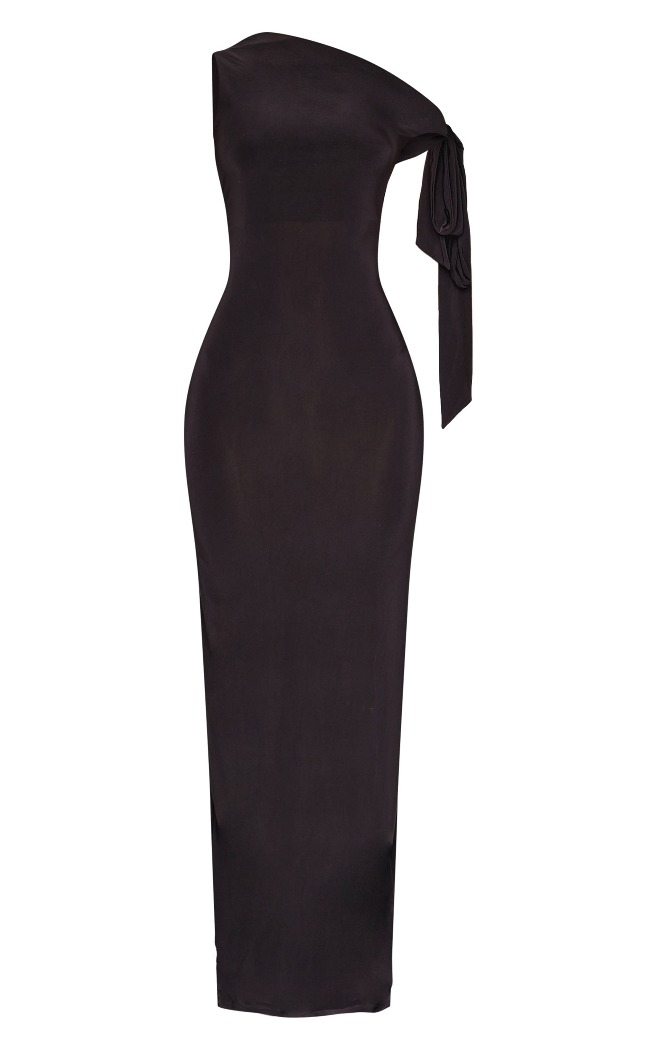 Noir Robe Longue En Jersey Slinky Avec Détail Noué Petite Taille