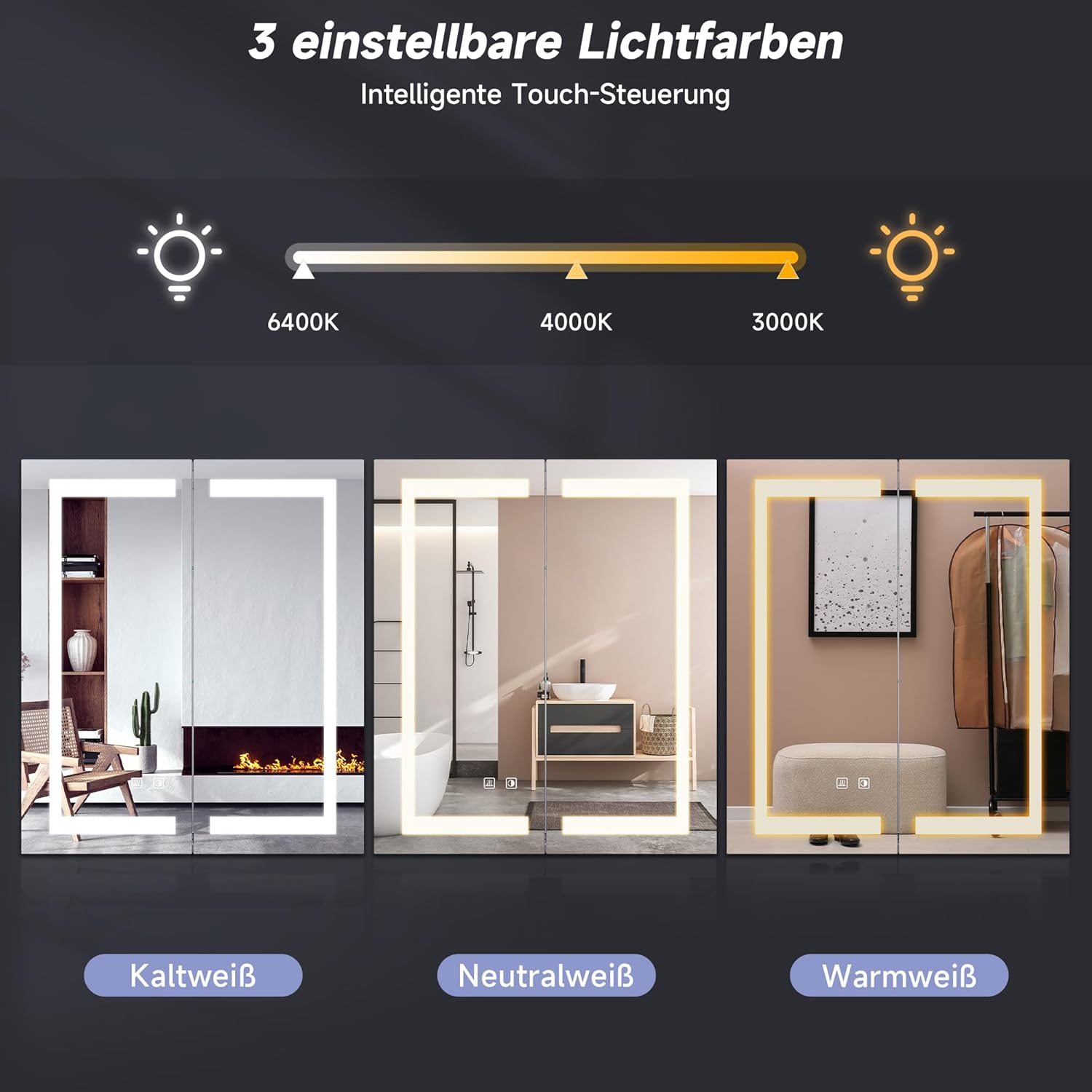 SONNI Spigelschrank mit Beleuchtung 60x70cm beschlagfrei Badspiegelschrank mit Rasiersteckdose und Touch-Schalter Edelstahl Badezimmer-Spiegelschrank