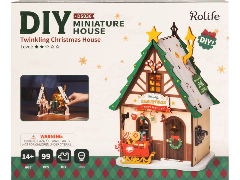 RoboTime Bausatz Funkelndes Weihnachtshaus 3D-Puzzle aus lasergeschnittenen Holzteilen