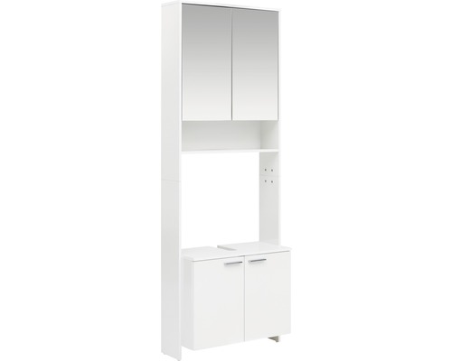 Wastafelonderkast van Möbelpartner Luis, afmetingen (B x H x D): 68,5 x 197,2 x 32 cm, frontkleur: hoogglans wit, met spiegel, badmeubel en planchet.