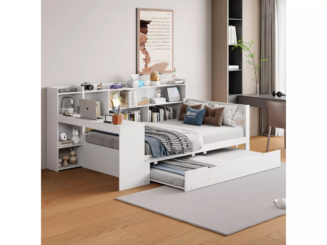 Canapé convertible en bois massif 90x200 cm - avec bureau + bibliothèque - compartiments de rangement + étagères - avec prises - avec lit gigogne - blanc