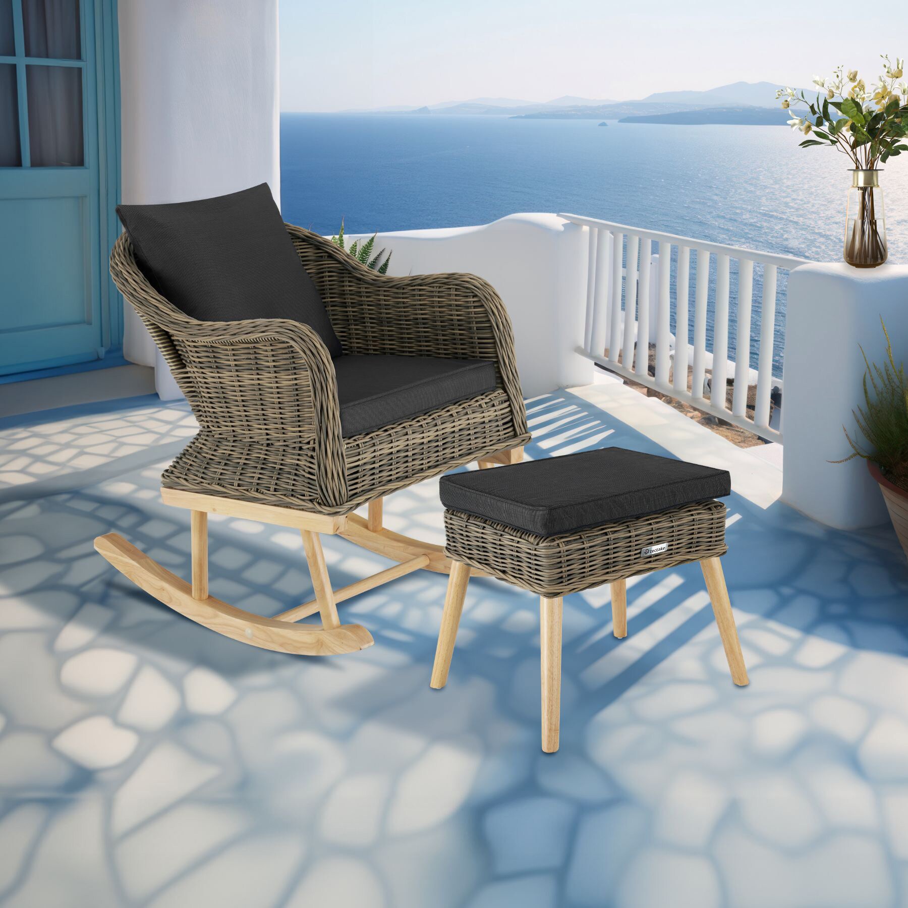 tectake® Rattan-Fußbank, natürlich nachempfundenes Geflecht mit Aluminiumgestell, höhenverstellbare Kunststoffkappen, 54,5 x 44,5 x 46,5 cm