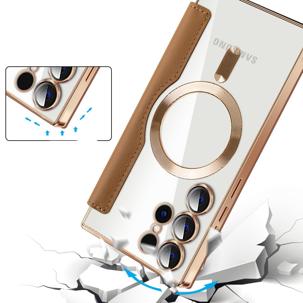 Samsung Galaxy S24 Ultra Hybrid Leder Tasche   Kunststoff Rückseite MagSafe-Modul - Braun / Transparent
