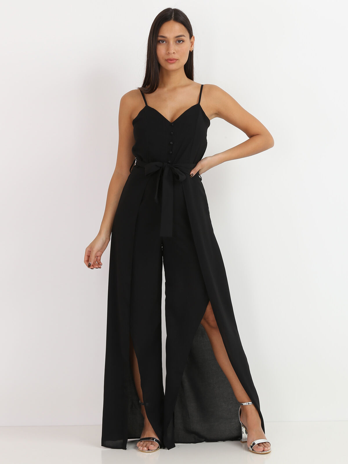 Combinaison fluide fendue avec ceinture- Noir