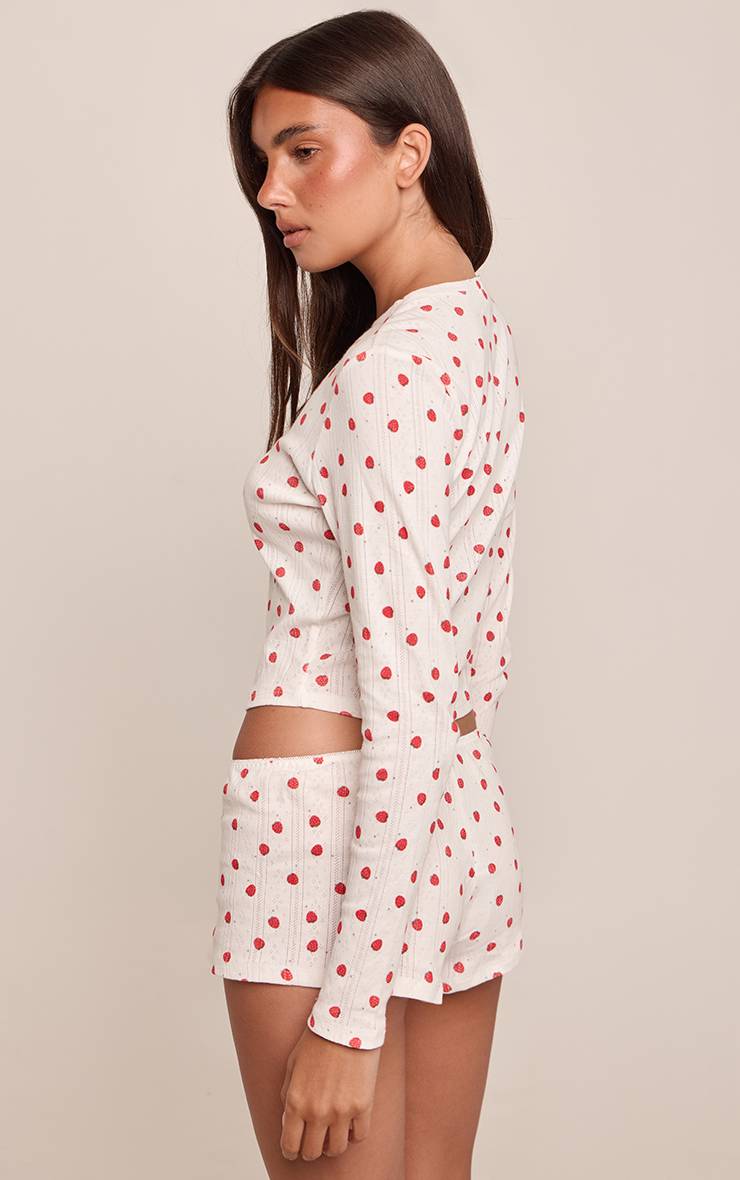 Blanc Haut De Pyjama À Manches Longues En Pointelle Motif Fraise