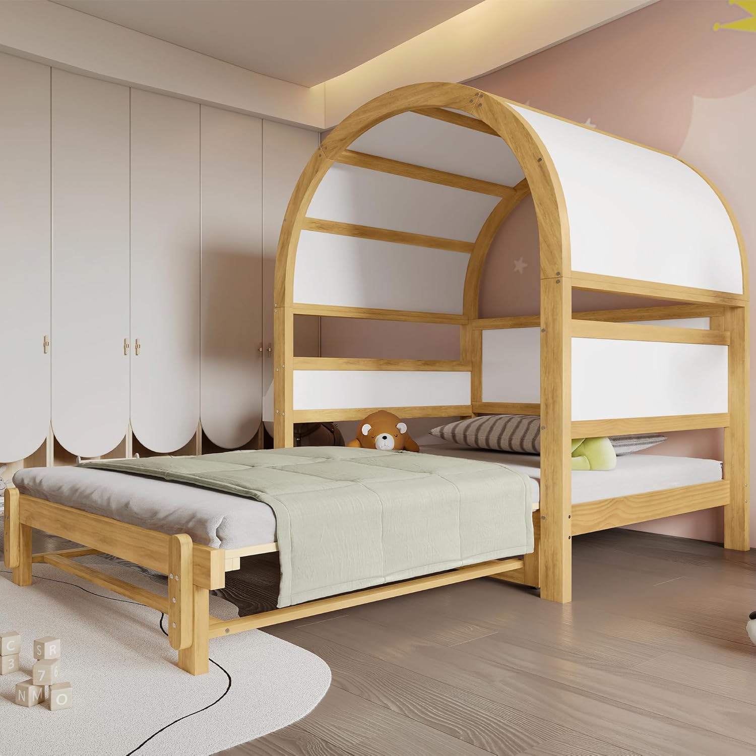 Merax Kinderbett 140x200 cm mit Ausziehbett, Gewölbtes Dachbett Hausbett, Tagesbett mit Ablagefläche, Erweiterbares Schiebebett aus Kiefer+MDF, Weiß/Natur, Stabiler Lattenrost, Ohne Matratze