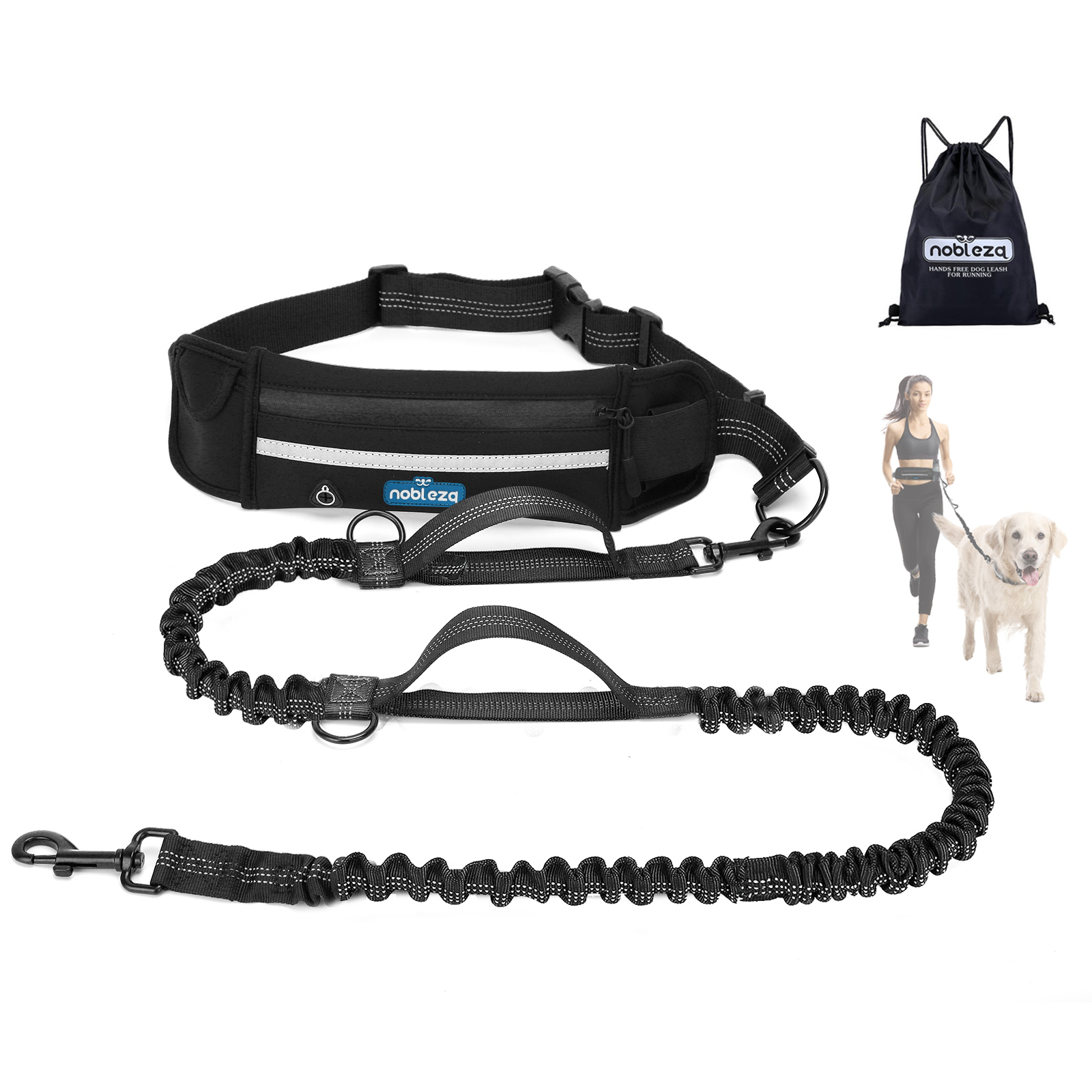 Guia elástica para cães Nobleza com bolso, mãos livres, retrátil, com corda elástica dupla, cinto ajustável e faixa refletora.