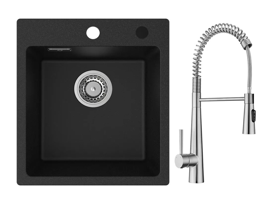 Cecipa max Evier de Cuisine en Quartz et Résine 40x45cm Evier Quartz 1 Bac Noir + Mitigeur de Cuisine à Ressort avec 3 Modes de Sortie D'eau, Brossé