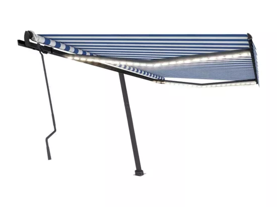 Auvent manuel rétractable avec LED 400x300 cm Bleu et blanc