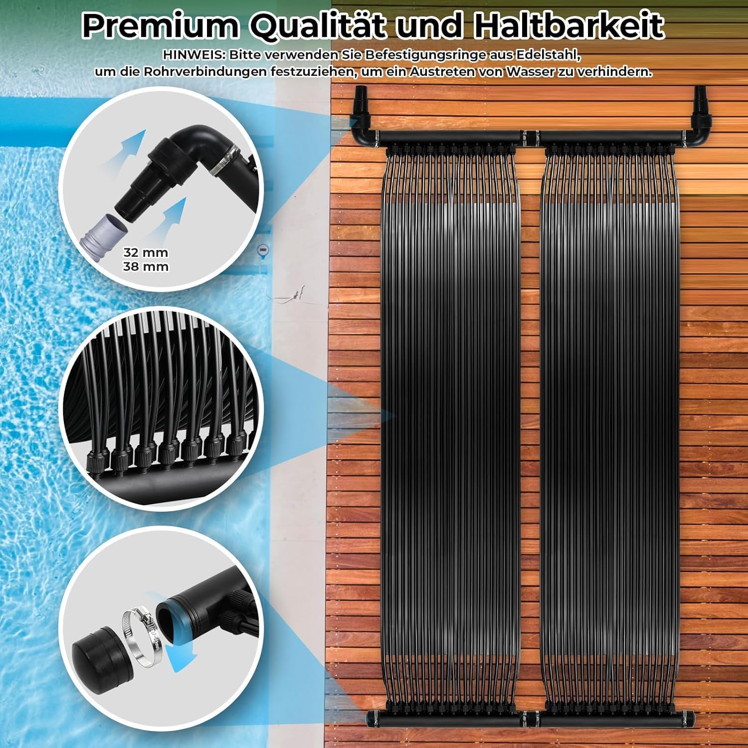 LIFERUN Solarkollektor Poolheizung, Solarmatte heizmatte Satz, Solarheizung Pool, Schwimmbad bis 48000L Wasserinhalt, UV-beständiger Kunststoff, Beliebig Erweiterbar (600 * 150cm)