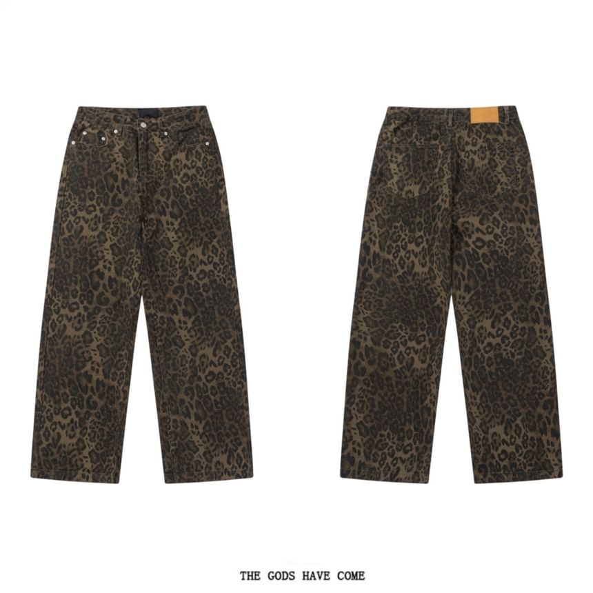 Derbundy - Middelhoge luipaardprint jeans met rechte pijpen