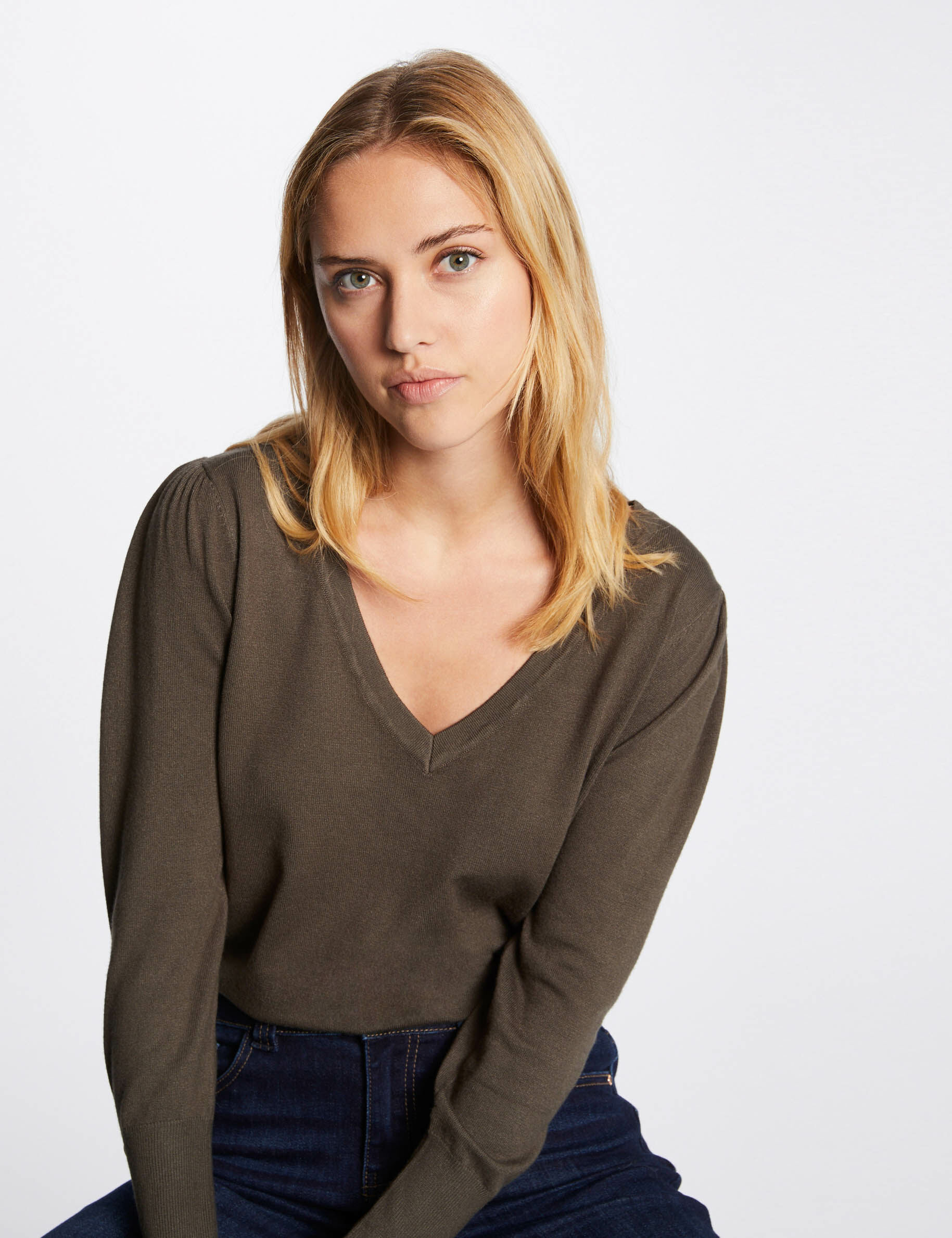 Pull manches longues avec col en V vert kaki femme - vert_kaki