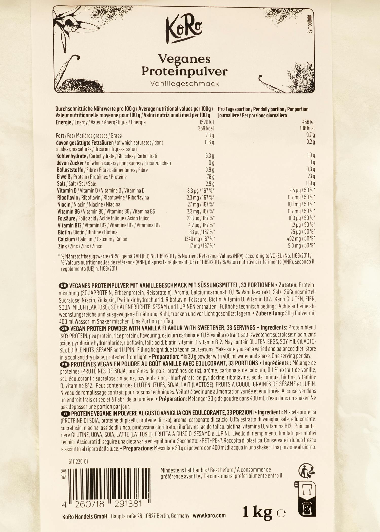 Veganes Proteinpulver Vanille 1 kg
