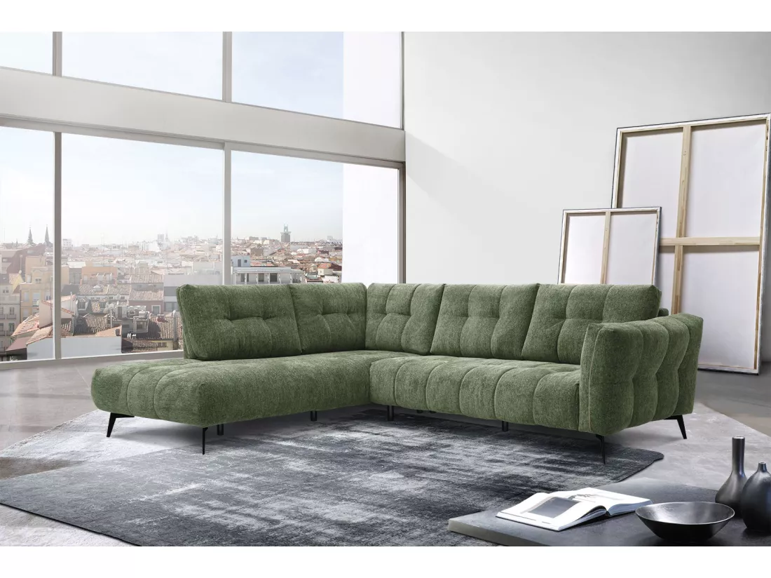 Canapé d'angle gauche 5 places tissu vert