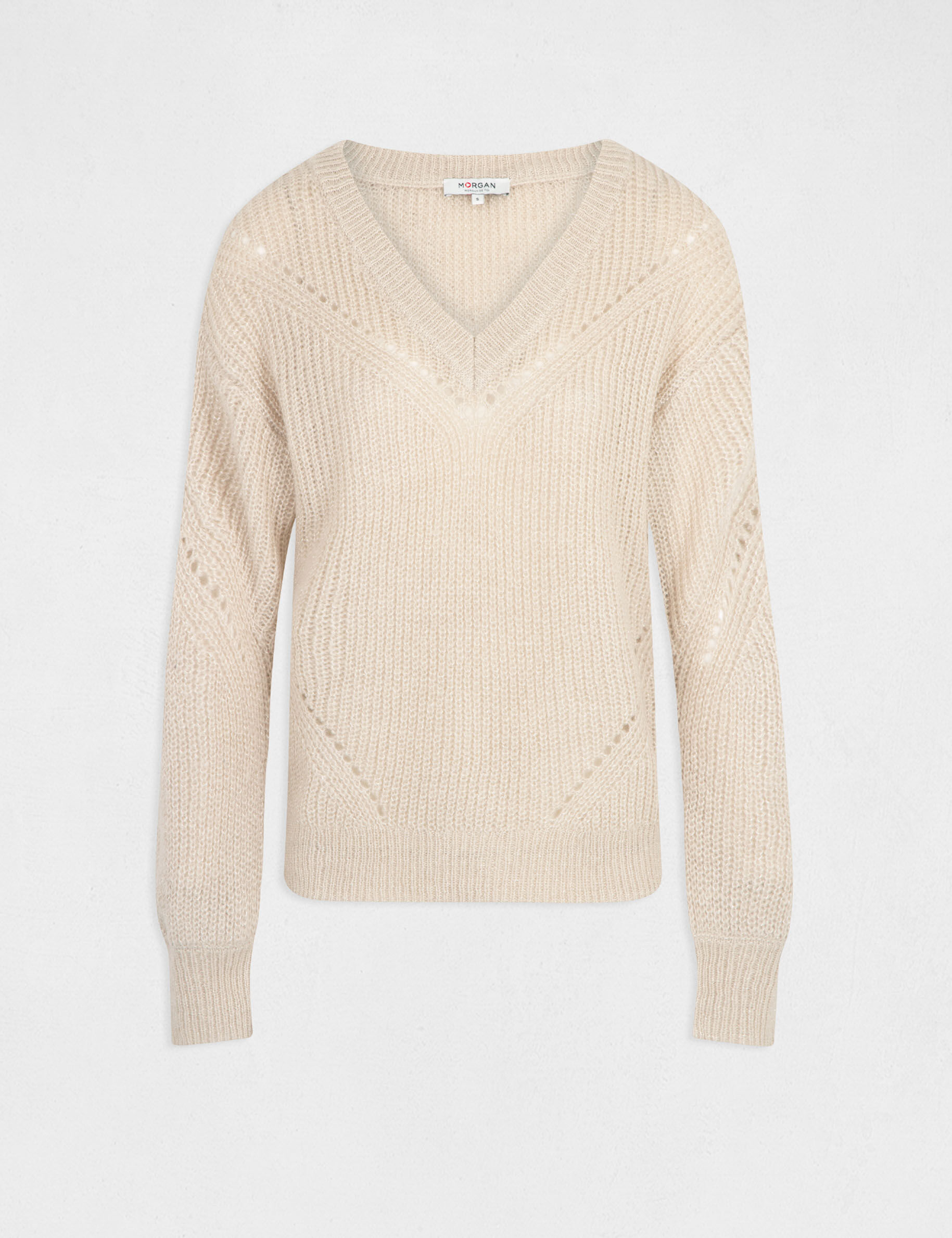 Pull manches longues avec col en V beige femme - beige