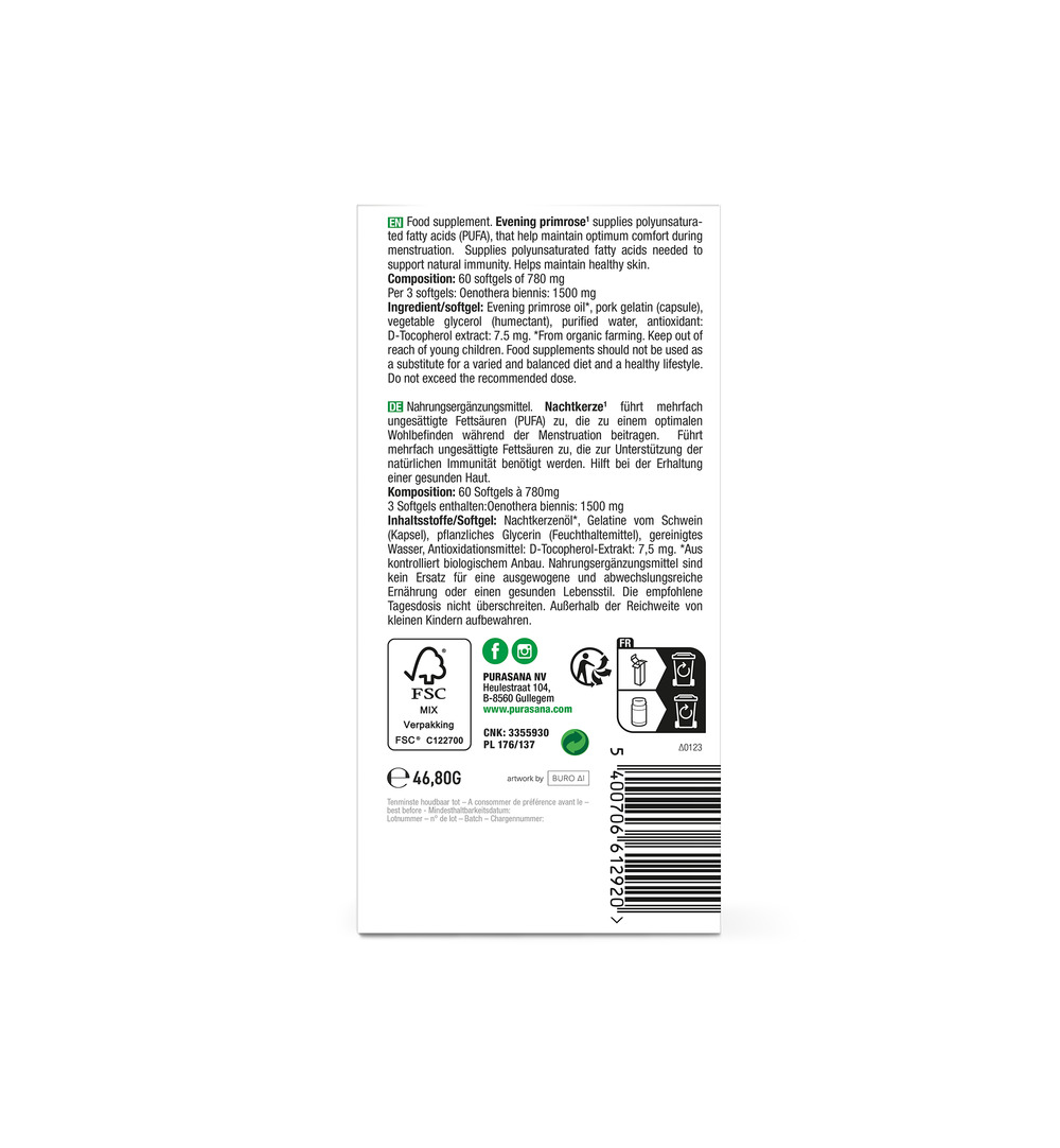 Purasana Teunisbloem Onagre Bio (60 capsules)