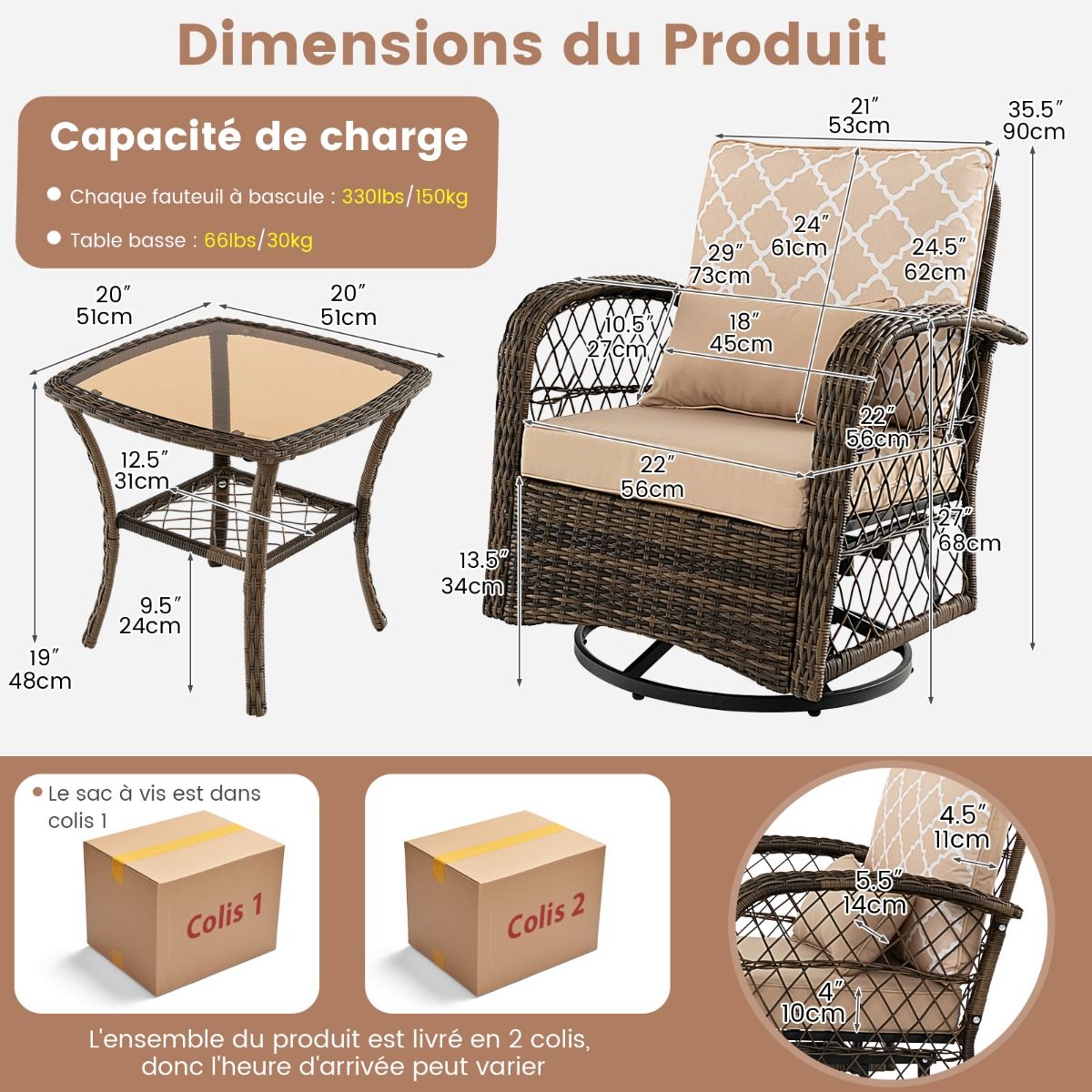 Salon de Jardin Extérieur 3PCS - 2 en Fauteuils à Bascule Pivotant à 360°Rotin PE Cadre Métal our Terrasse Balcon - Lidl-Manfred