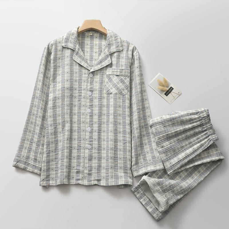 Finlies - Bijpassende pyjamaset voor koppels: lange mouwen, reverskraag, geruite top met knoopjes + broek (verschillende ontwerpen)