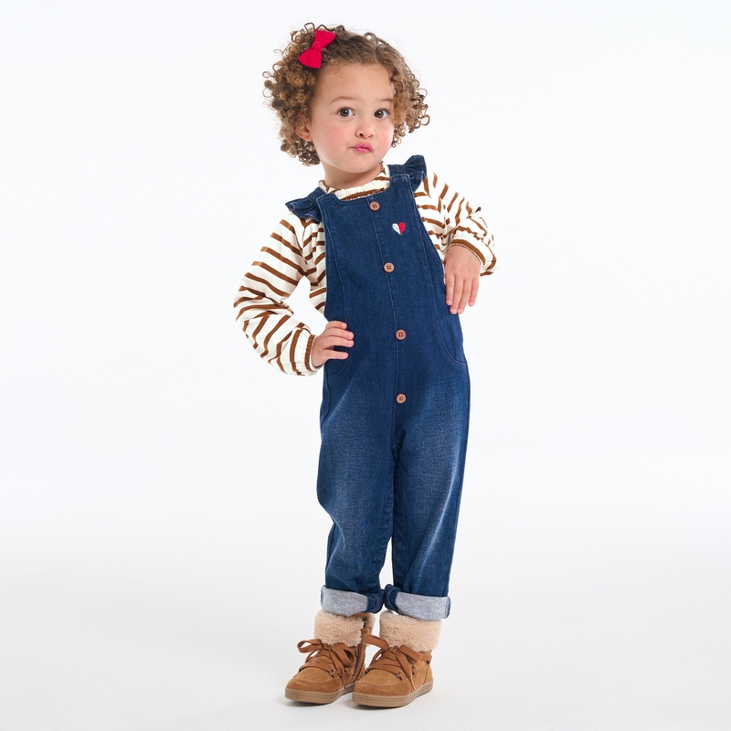 Salopette denim bleue et sweat rayé bébé fille