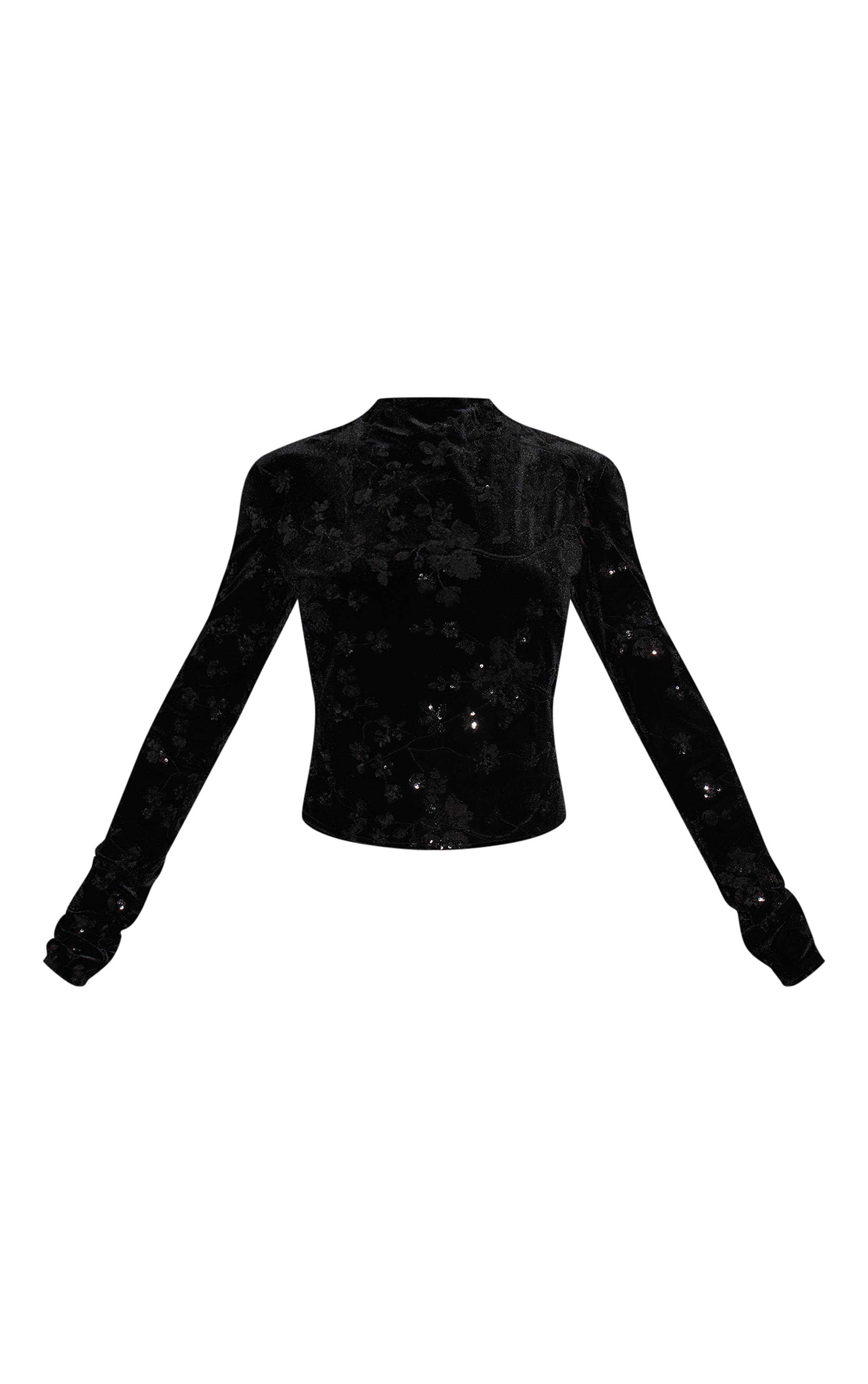 Noir Haut Col Montant En Velours À Sequins Motif Floral