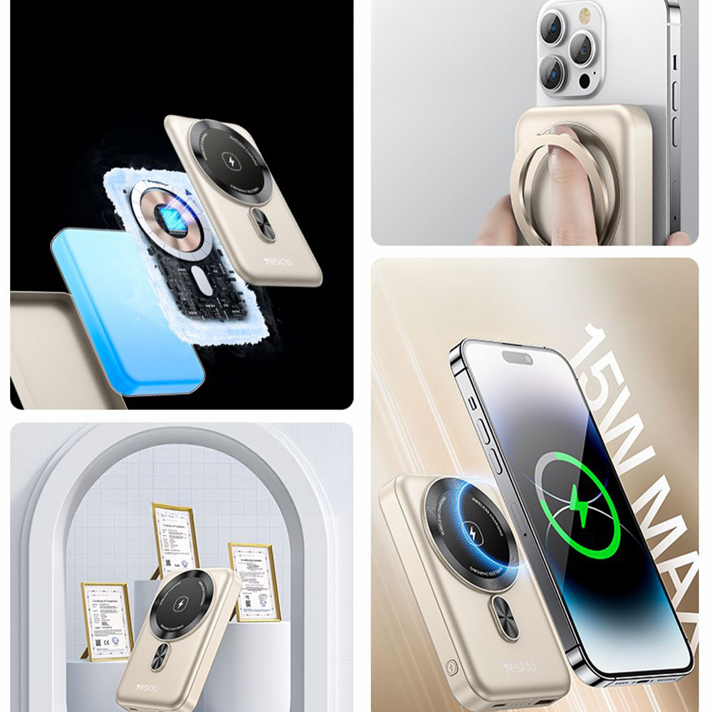 (15W) 10000mAh Magnetisches MagSafe Ladegerät USB C Quick Charge Powerbank Ring Stand   Kickstand - Grau (Titan Natur)