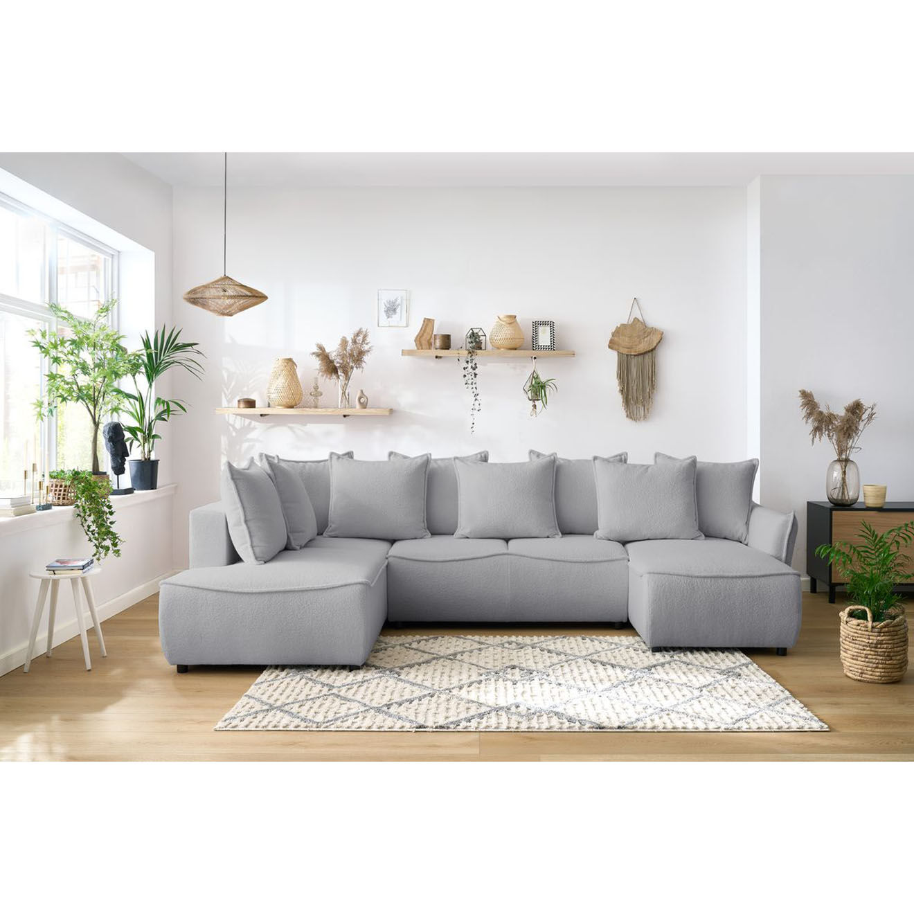 Bobochic Canapé panoramique convertible coffre d'angle droit bouclette léon gris clair - 320x194x90 cm