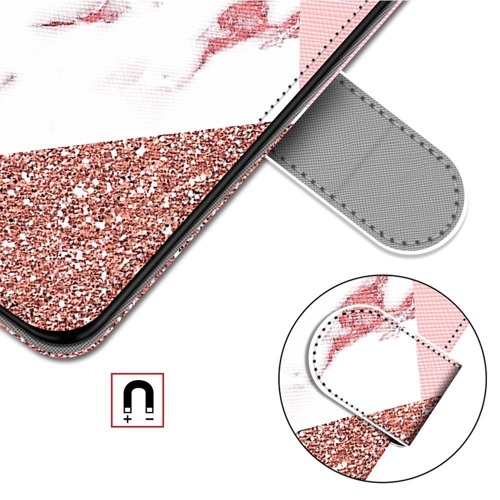 iPhone 13 Pro Leder Tasche mit Kartenfächer   Handschlaufe - Marble Marmor (Roségold / Weiss)