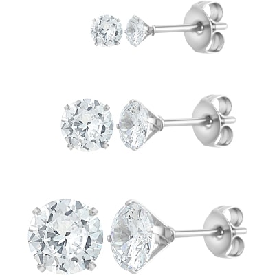Boucles d'oreilles - Acier inoxydable & zirconium - Argent - Lot de 3 paires