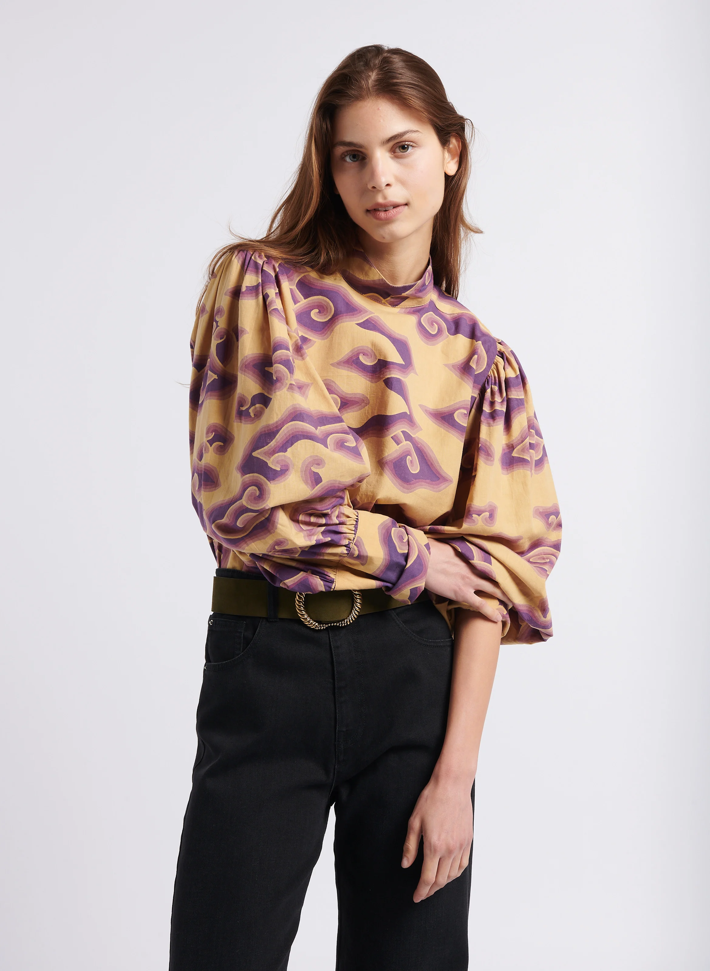 SELF - Blouse col montant imprimée en coton | Violet