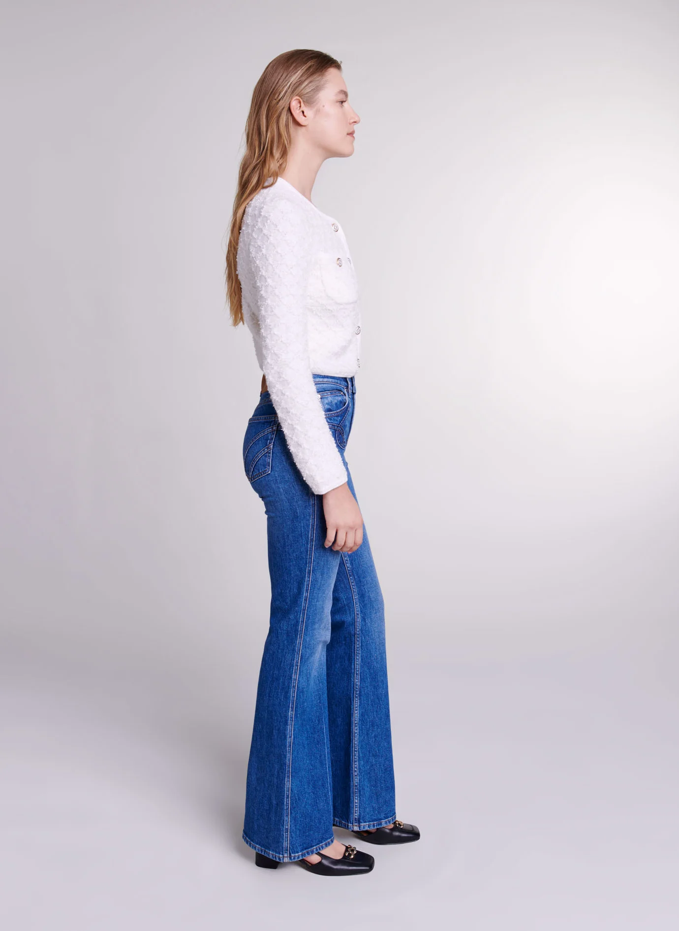 Jean flare taille mi-haute en coton mélangé | Bleu