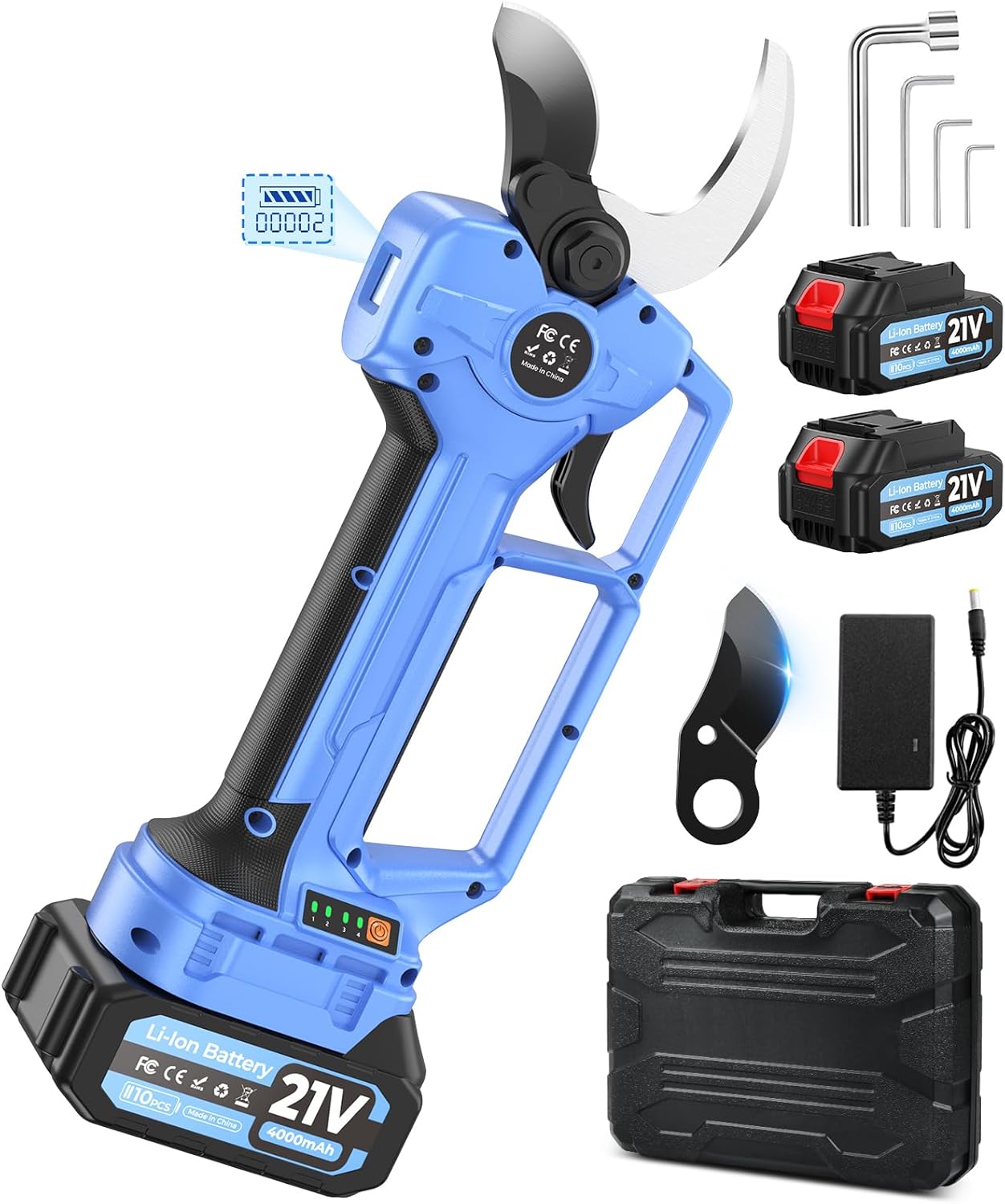 Akku Astschere 70mm, Gartenschere Akku mit 4-Stufige, 2×4000mAh Akku,1000W Bürstenloser Motor Bypass Baumschere, LCD-Display & Sicherheitslock, SK7-Klingen, Elektrische Astschere für Garten, Obstbäume