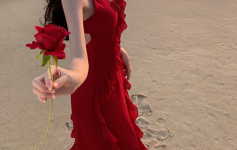 Egsy - Spaghettibandjes Effen Ruffle Maxi Zomerjurk