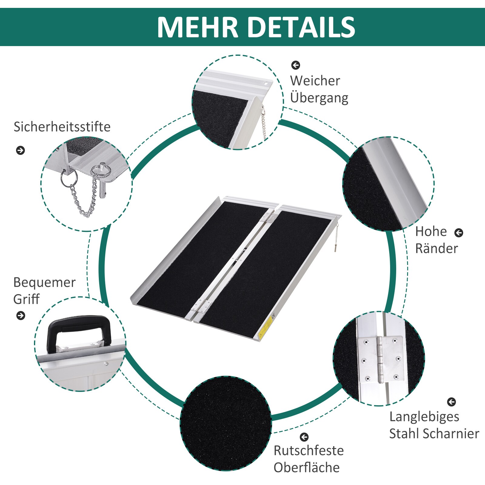 HOMCOM Rollstuhlrampe faltbar silber, schwarz 93 x 76 x 5 cm